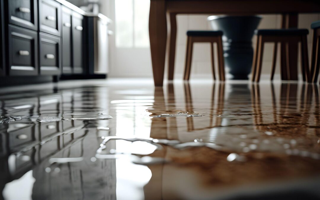 Flooded floor in kitchen from water leak.
