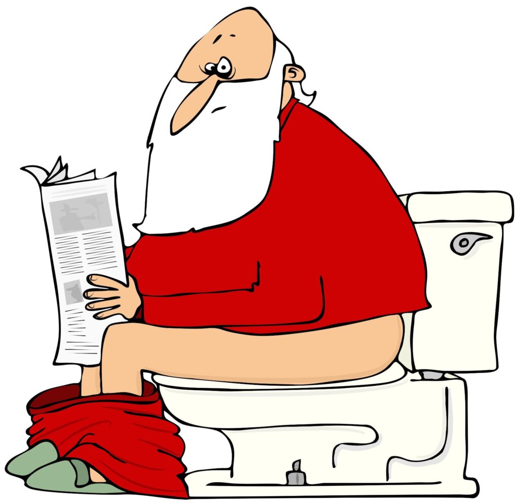 This illustration depicts Santa Claus sitting on a toilet and reading a newspaper.