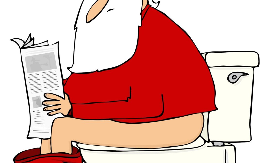 This illustration depicts Santa Claus sitting on a toilet and reading a newspaper.