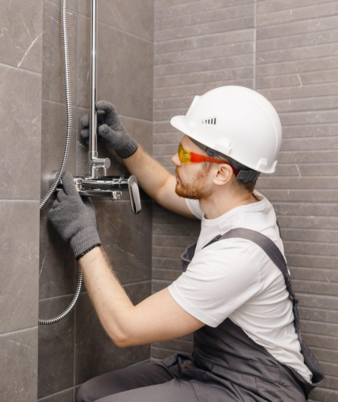 Plumber Fixing Shower Fixture In Grey Tiled Surround Shower