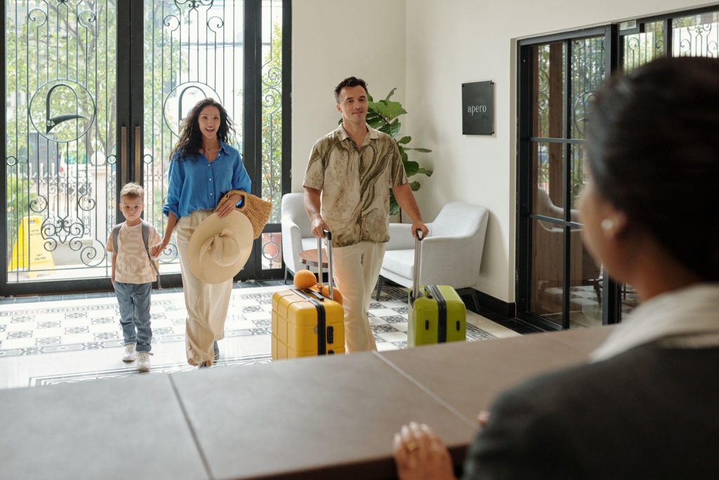 Guests in the lobby of a small hotel.