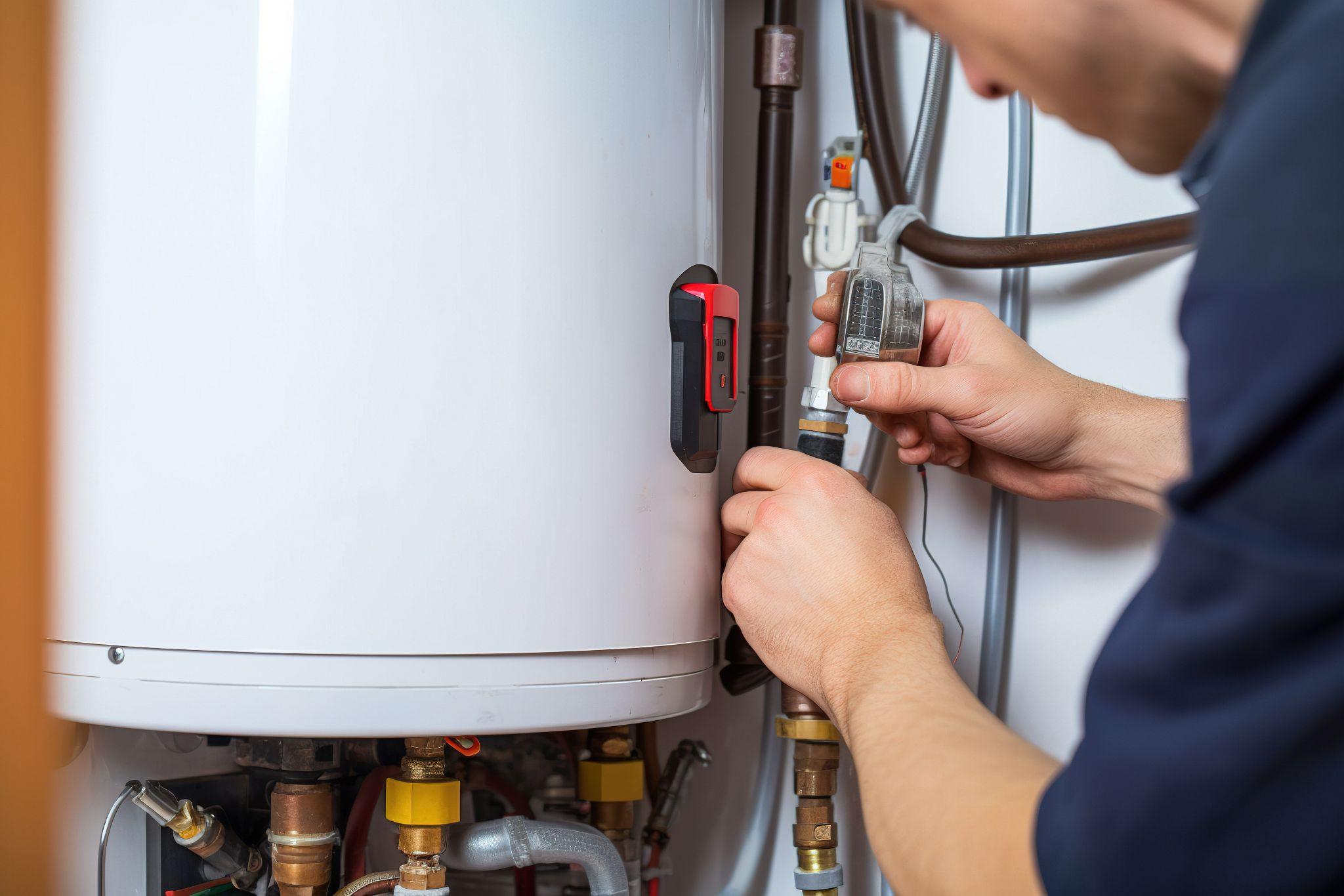 A man performing water heater maintenance